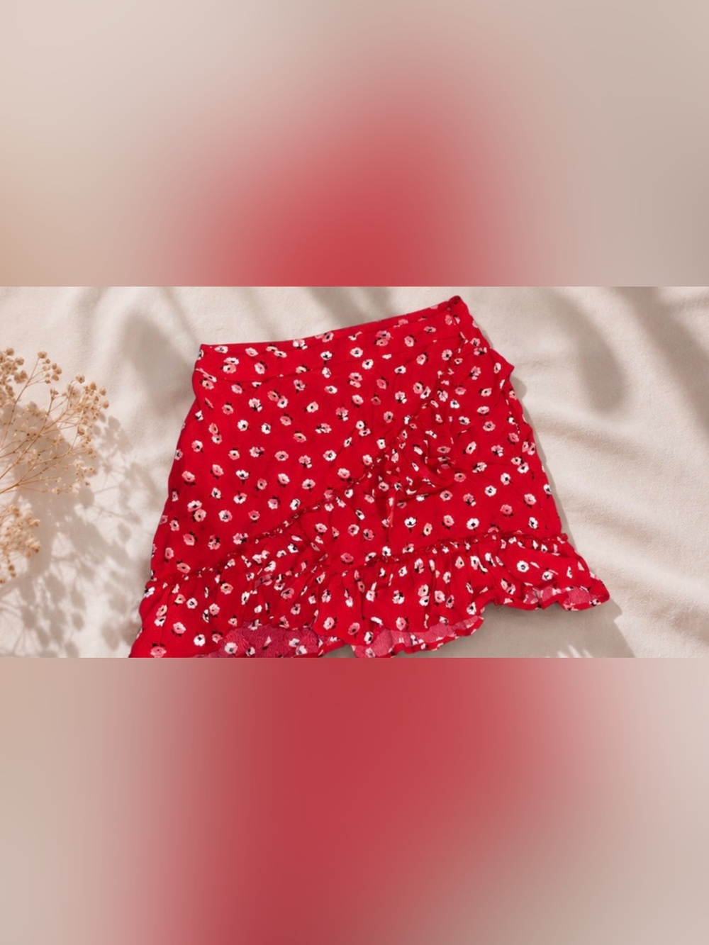 Ghanda Red Floral Mini Skirt with Pink Blooms